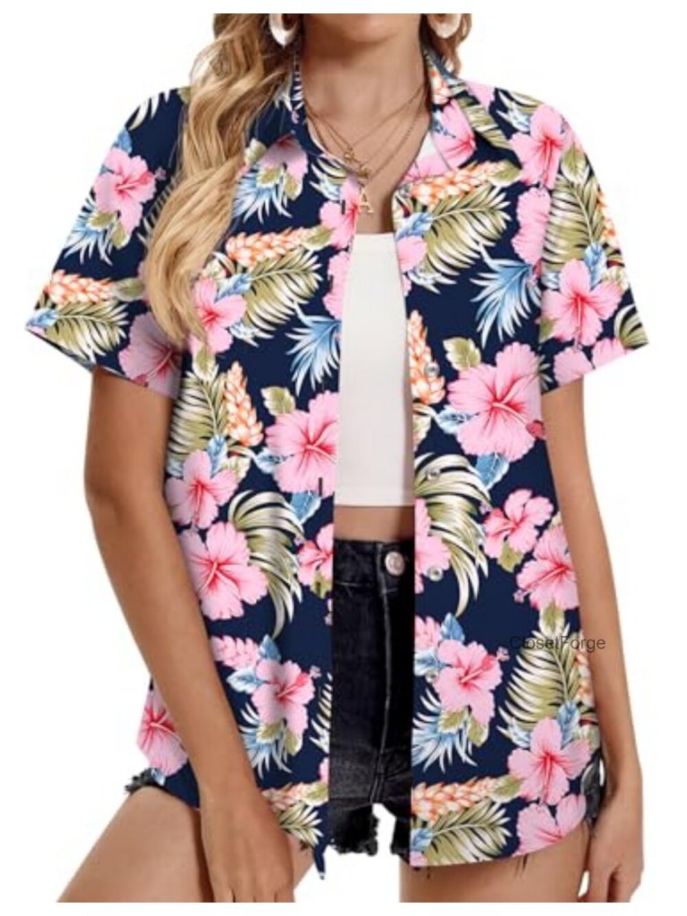Women's Hawaiian Aloha Button Up Shirt Tropical Floral V-Neck Short Sleeve